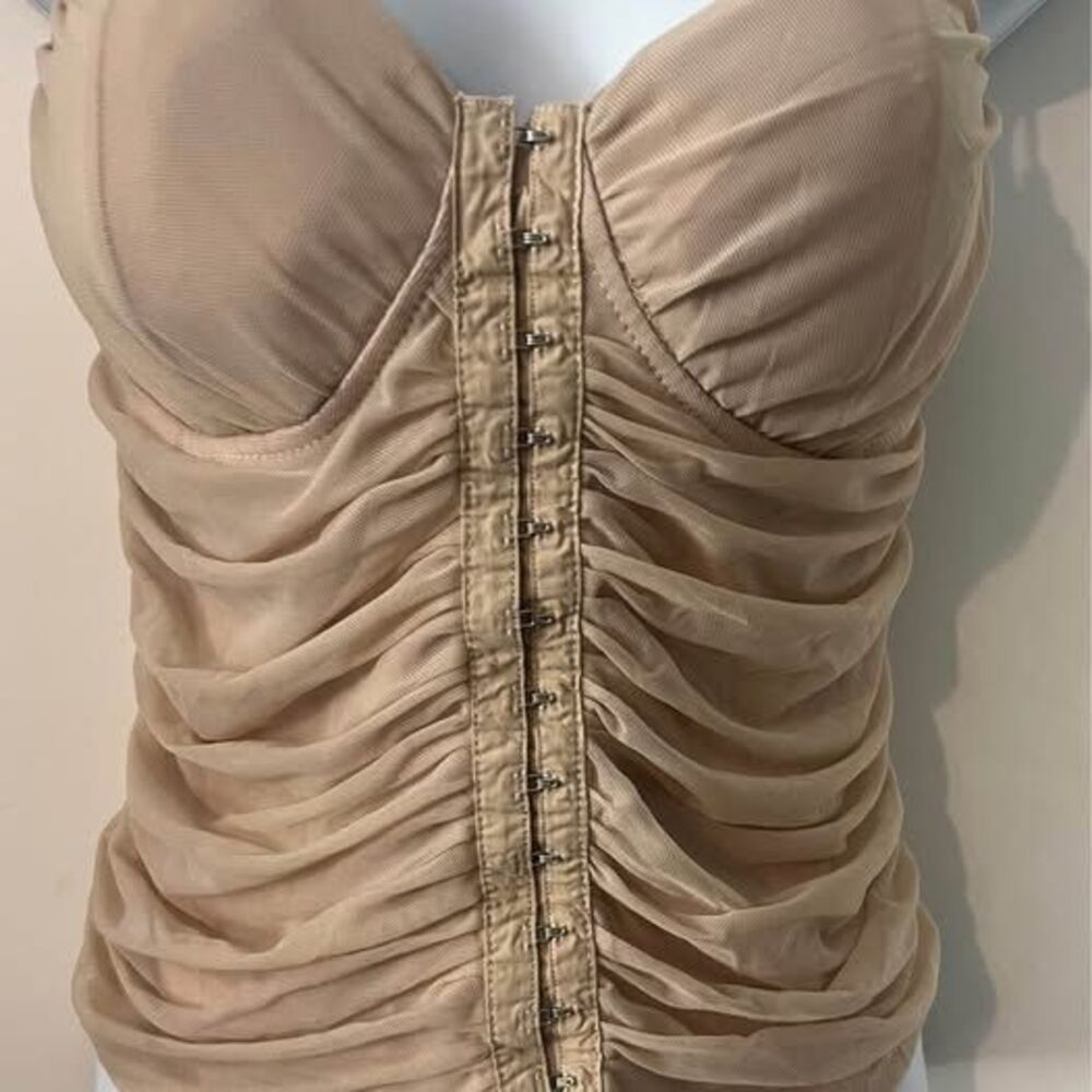 Moa Moa Ruched Mesh Bustier Corset Top Beige Tan Hook & Eye Y2K Fairycore XL - Picture 4 of 10